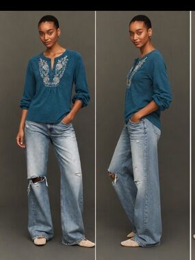 Anthropologie Meadow Rue Teal Embroidered Boho Top